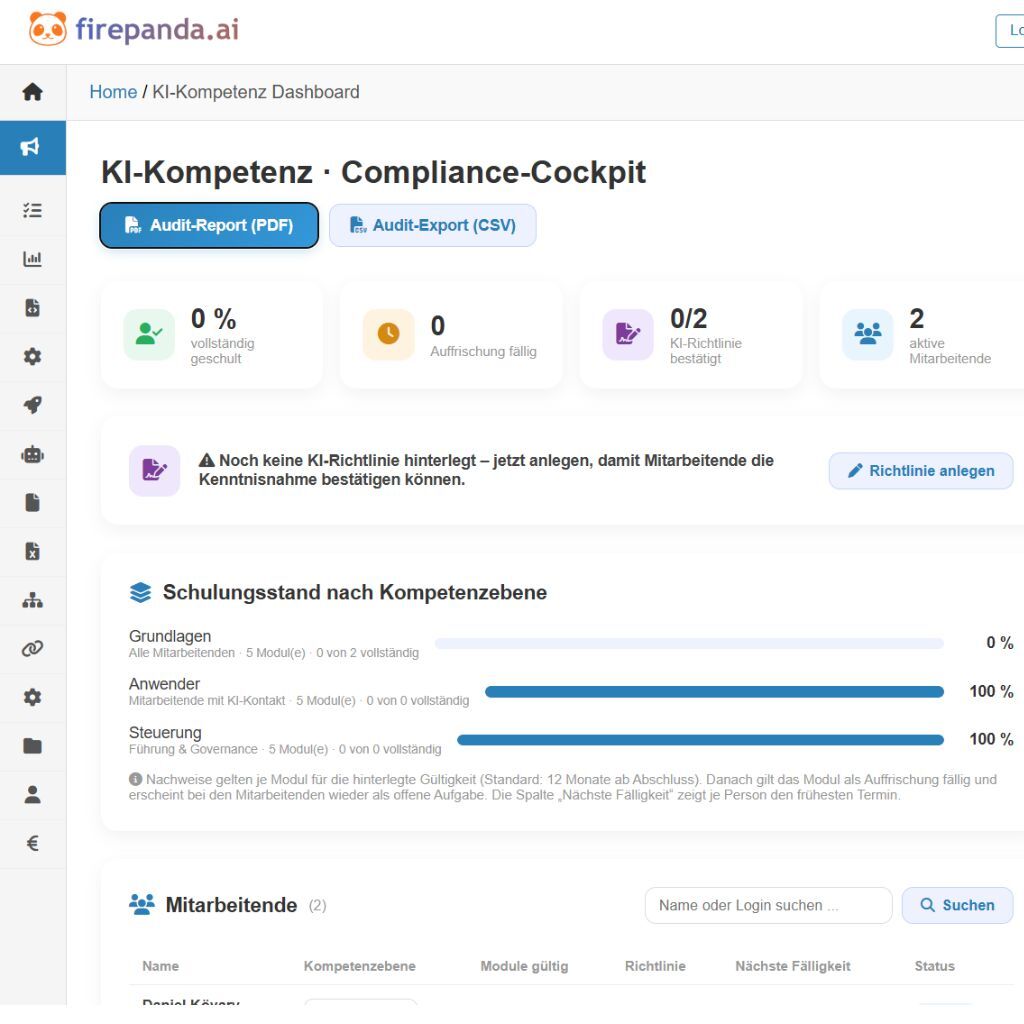 Screenshot: Compliance-Cockpit mit Kennzahlen und Audit-Export